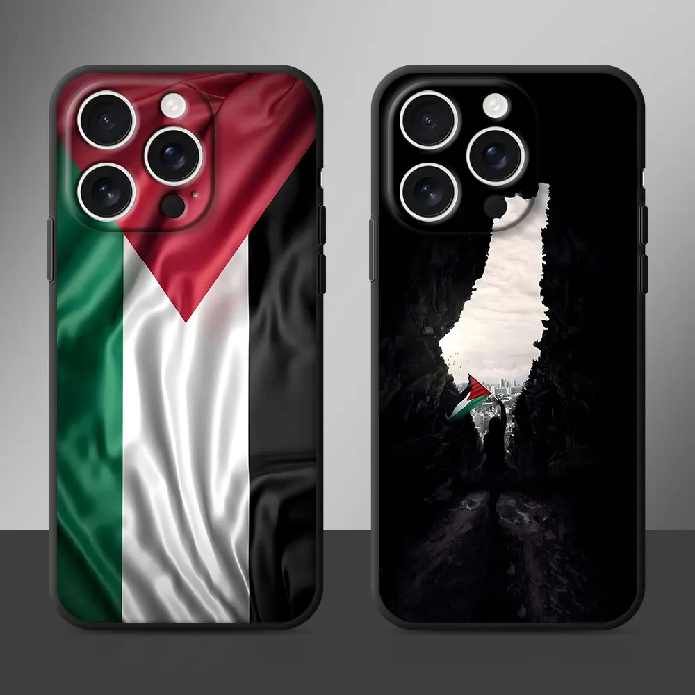 Mobile Phone Case For iPhone 18 17 16 13 15 12 Mini 14 Pro Max 11 16e X XR XS 7 6s Plus 5s TPU Black Cover Palestine Map Arabic
