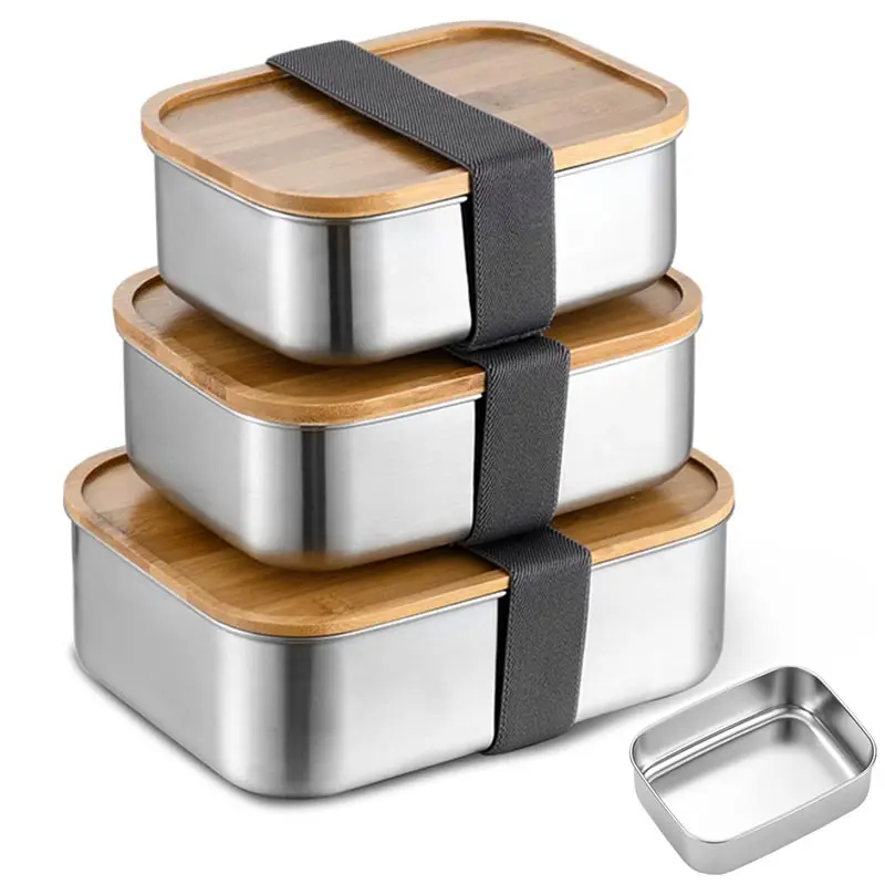 

304 Stainless Steel Lunch Box With Bamboo Wood Lid,Big 1-Grid Bento Box,Sushi Lunch Box For Worker Student,Outdoor Picnic Case