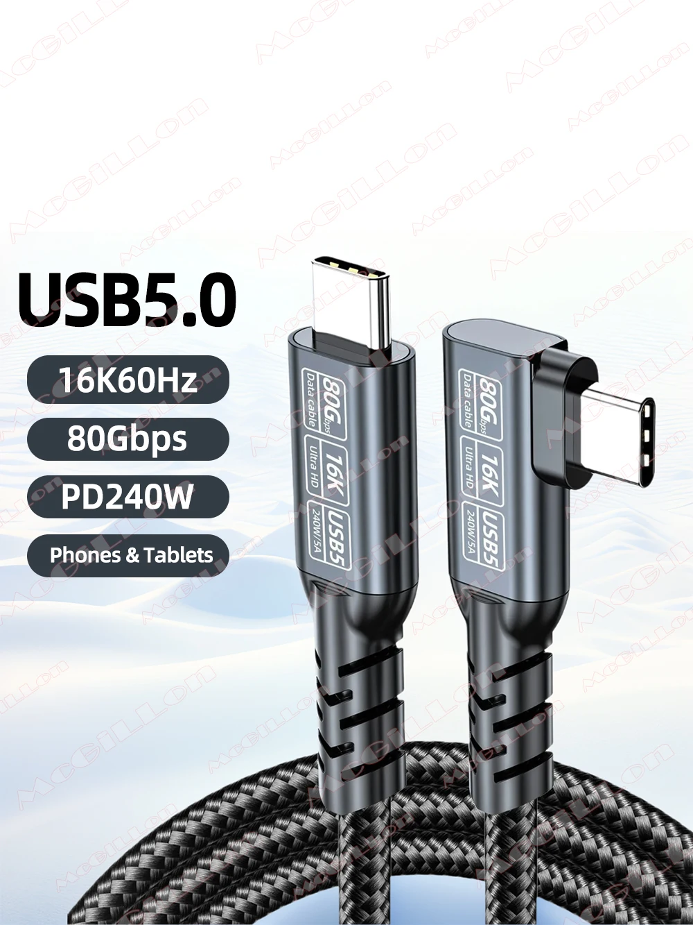 Kabel USB-C na USB 5.0 PD240W 80Gbps Thunderbolt 5 Typu C, kątowy, 16K 8K 48V/5A do iPhone 16 Pro, tabletu, Switcha, laptopa, MacBooka Pro — zdjęcie produktu 7