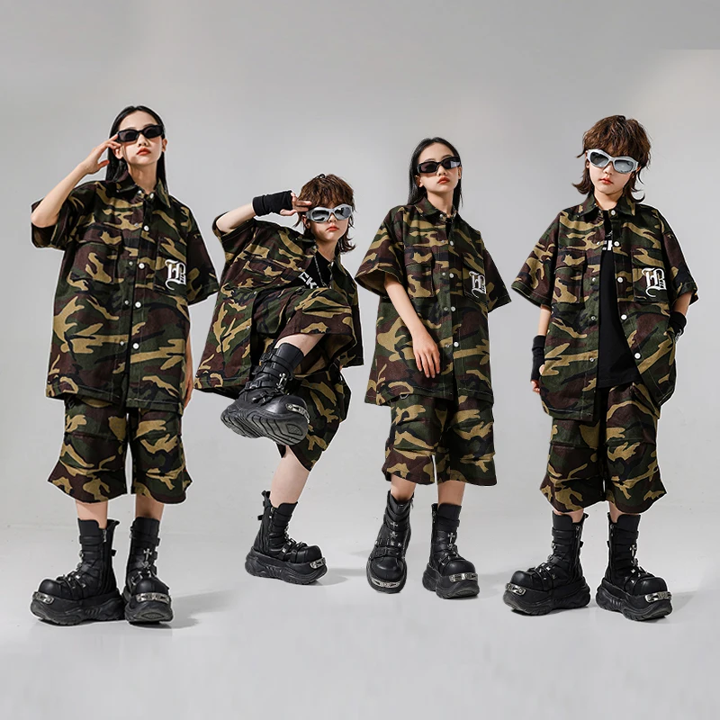 

Girls Hip Hop Clothing Camo Shirt Shorts Outfit Boys Street Dance Jacket Child Jazz Summer Clothes Sets Kids Streetwear Costumes