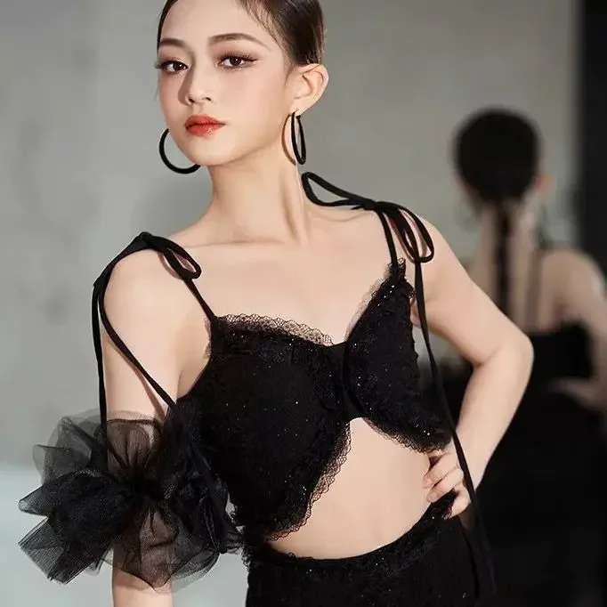 Conjunto de baile latino de verano para niños, falda con borlas y tiras de encaje de lentejuelas, competición de entrenamiento de Samba Rumba, conjunto de dos piezas de ropa