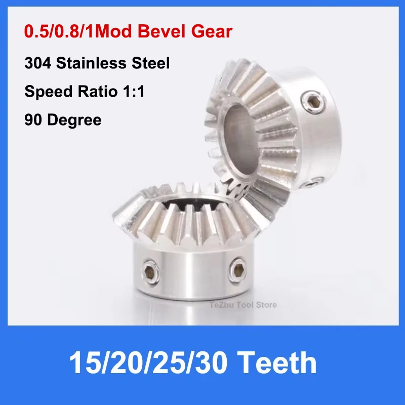 1PCS Single 90 Degree 0.5/0.8/1 Module Bevel Gear Speed Ratio 1:1 15/20/25/30 Teeth Meshing Angle Gear 304 Stainless Steel