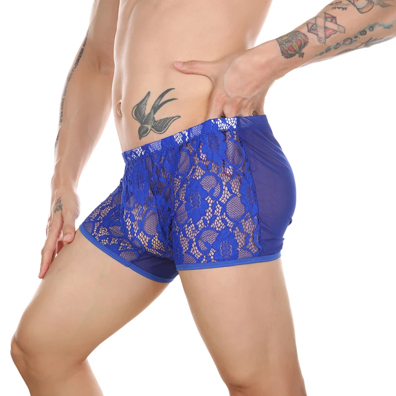 Lace Underwear Men Sexy See Through Panties Boxers Penis Pouch Long Leg Mesh Transparent Underpants Boxer Shorts  gay