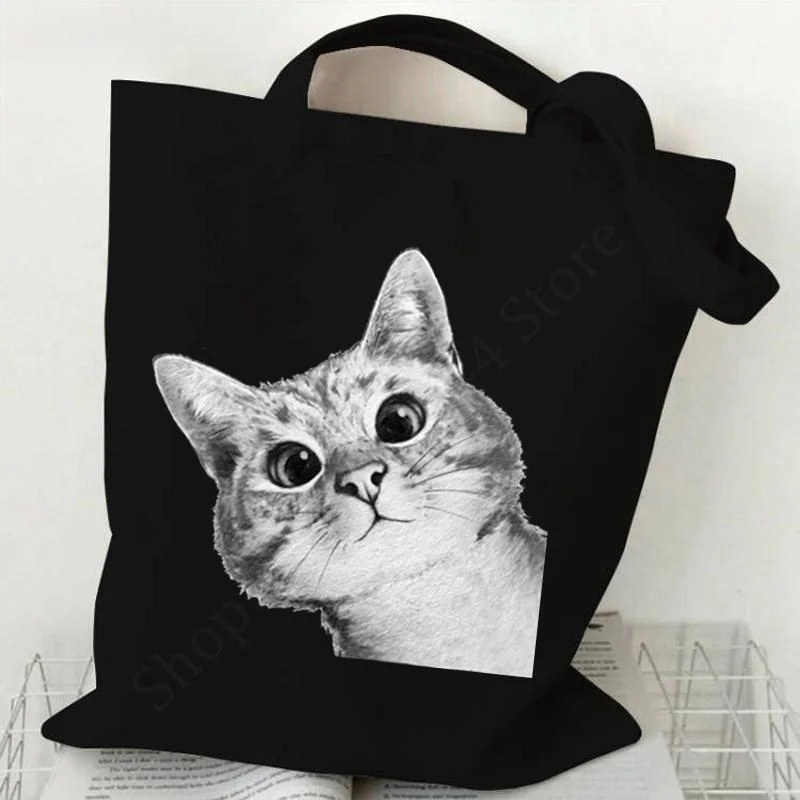

Милая сумка-тоут с кошкой для женщин, серая сумка через плечо с принтом кошки, многоразовая холщовая сумка, забавный подарок для любителей кошек, эстетичная сумка с котенком