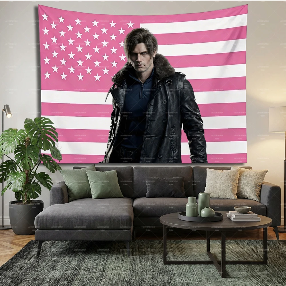 R-Resident Evil Leon K-Kennedy Pink US Flag Large Tapestry, große Wandteppiche für Schlafzimmer, Wohnheim, RE4 Fan-Dekoration