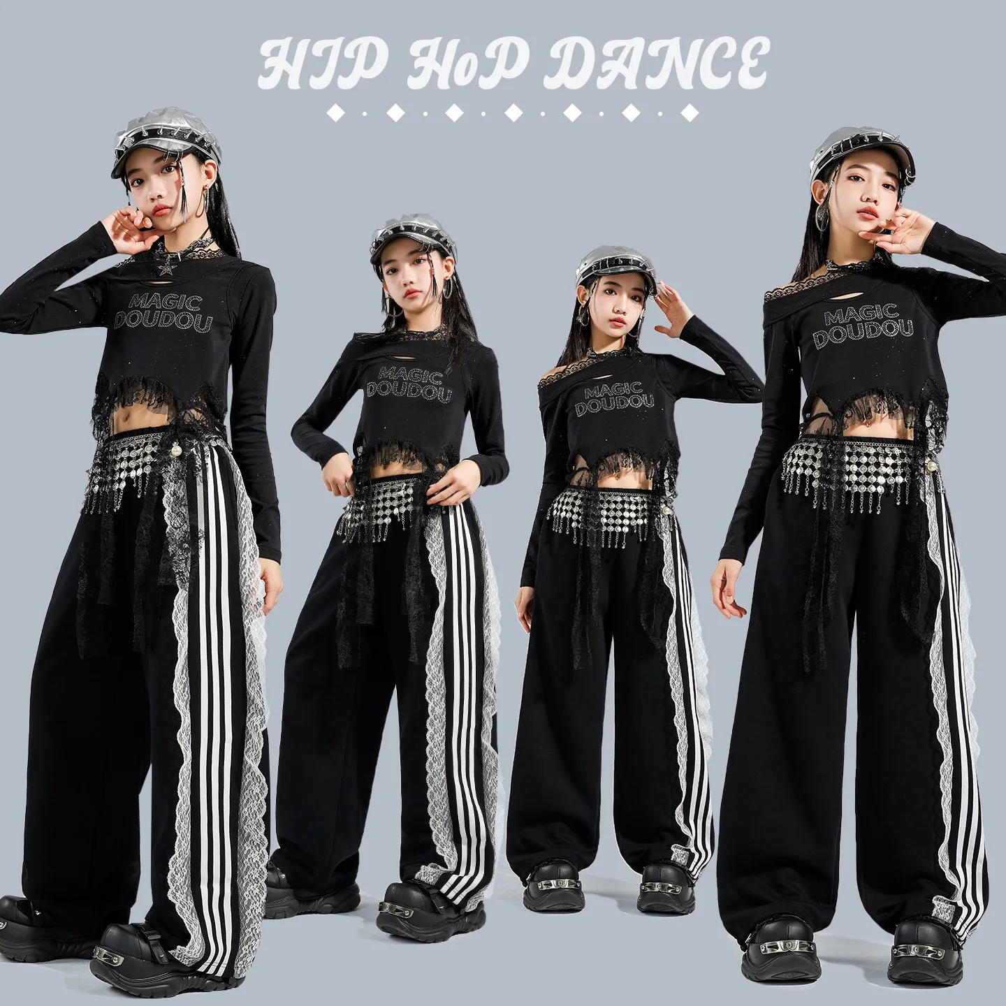 

Хип-хоп современный танец для девочек K-pop с открытыми плечами, кружевной укороченный топ, брюки-карго, детская уличная одежда, комплект детской одежды для джазовых танцев для девочек