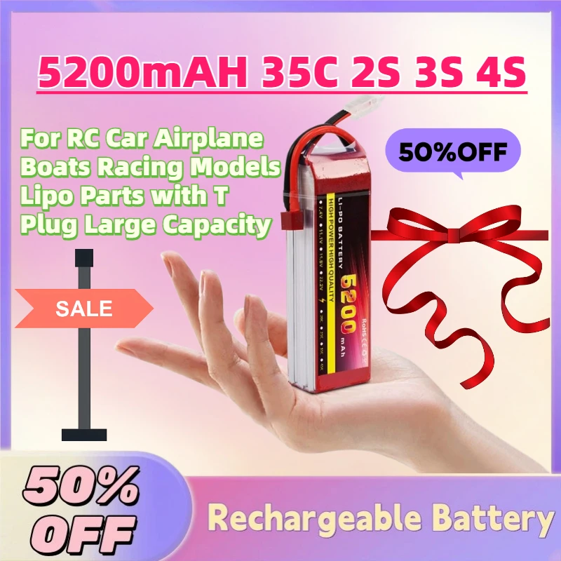 In Stock 5200mAH 35C 2S 3S 4S FPV Drone Battery for RC Car Airplane Boats Racing Models Lipo Parts with T Plug Large Capacity