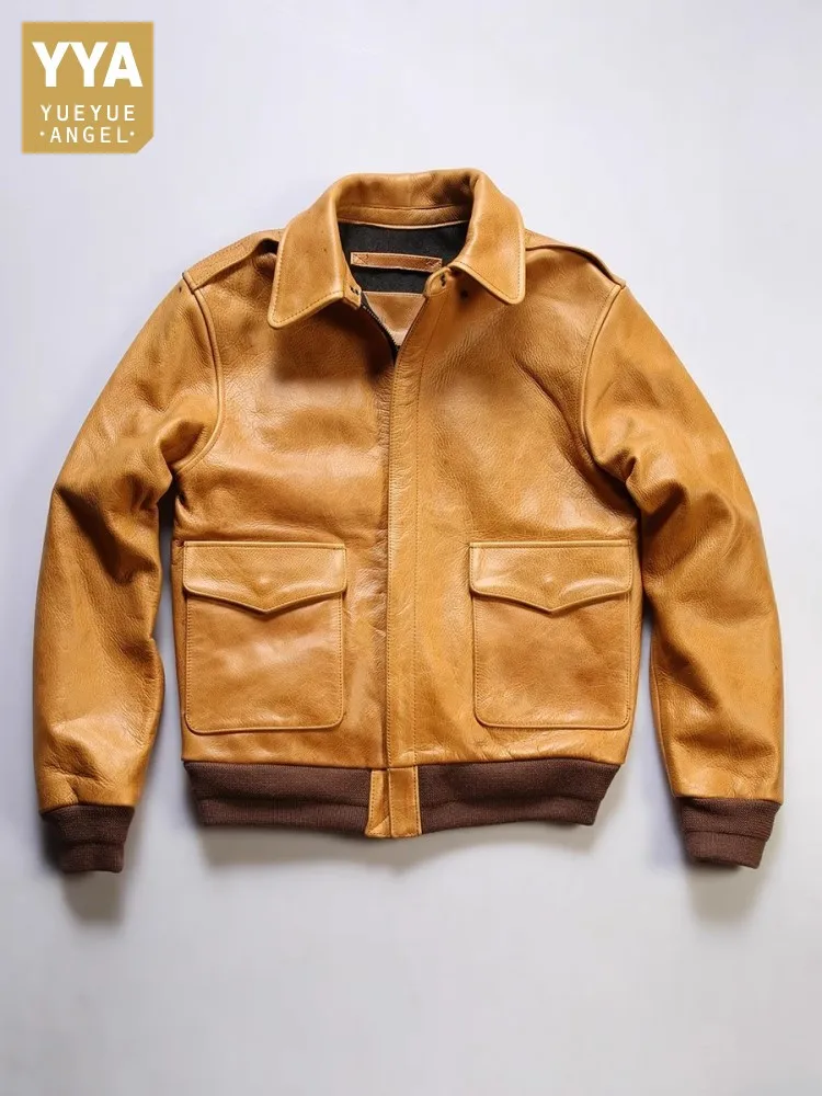 Vintage Mens High Quality Cowskin Genuine Leather Pilot Jacket Turndown Collar Classic Design Motorcycle Short Coat Streetwear