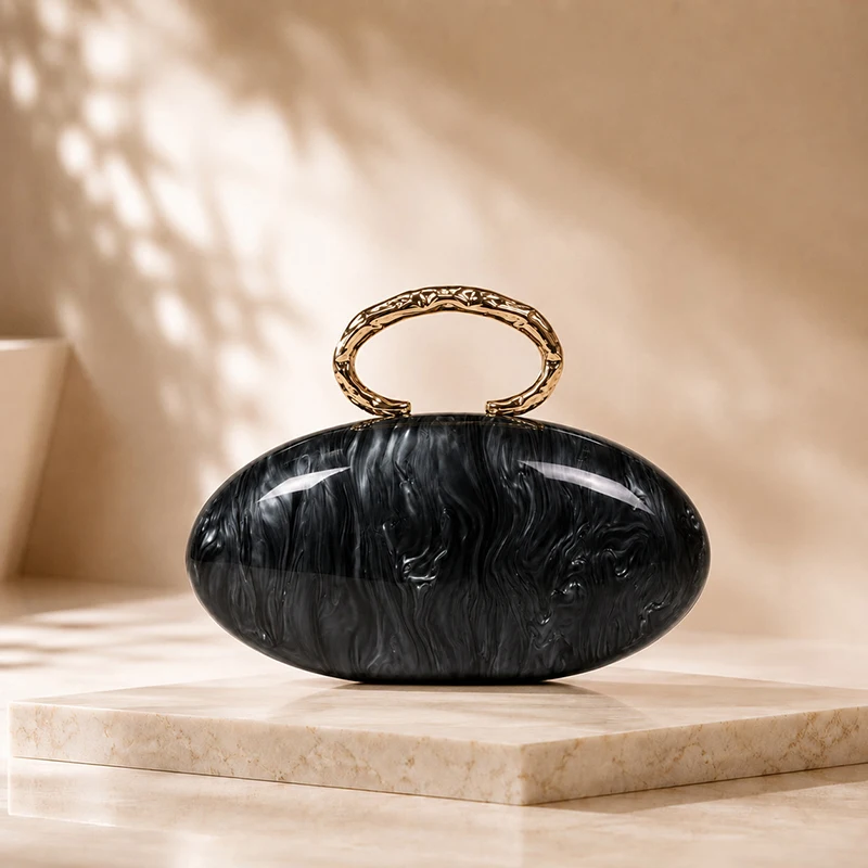  Eiförmige Handtasche mit Krokodil-Textur und Acryl-Griff, ovale Abendtasche mit Kettenriemen für Damen, luxuriöse Clutch für Hochzeiten und Partys. – Detail 23