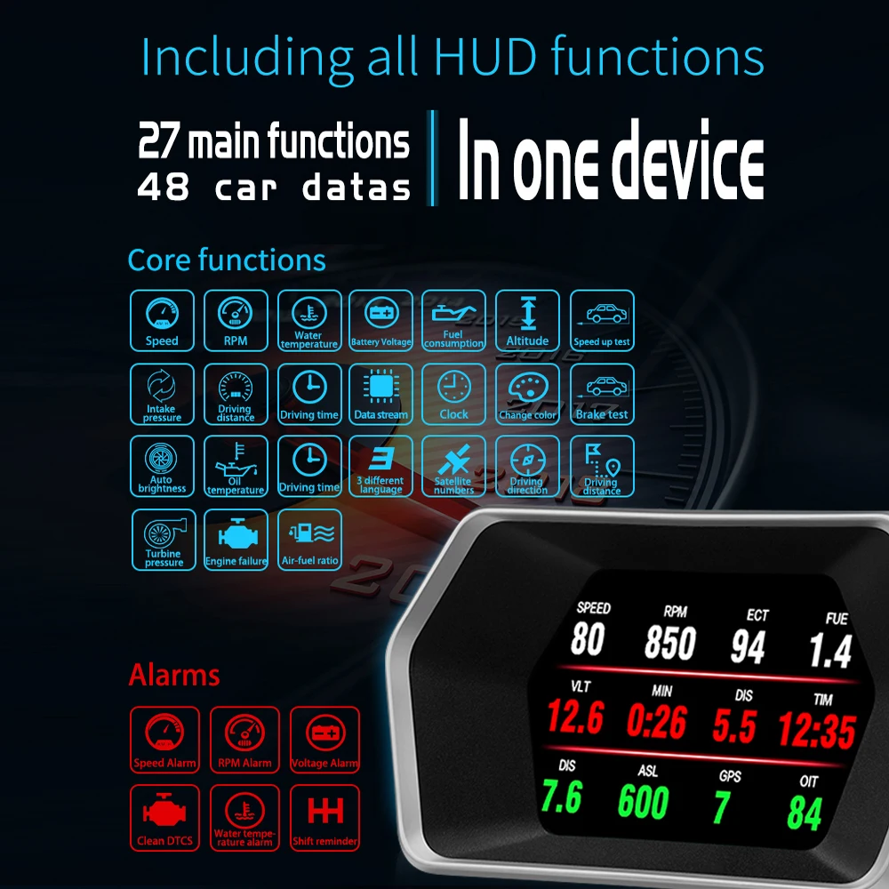 HUD Head Up Diaplay GPS System Car OBD2 Projector Monitor Display Turbo Speedometer Water&Oil Temp Gauge On-board computer P17