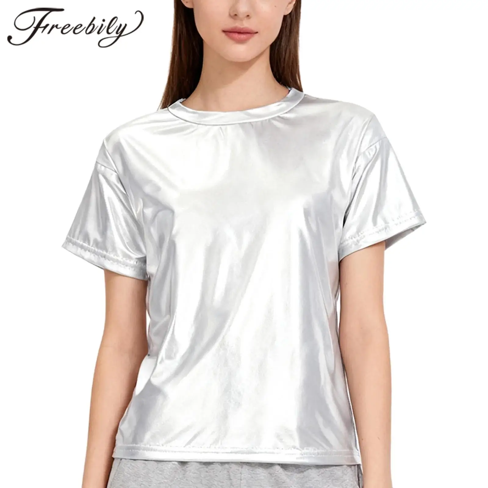 

Модная женская блестящая футболка с коротким рукавом для вечеринок, карнавалов и дискотек, металлическая футболка для танцев, уличная одежда для женщин