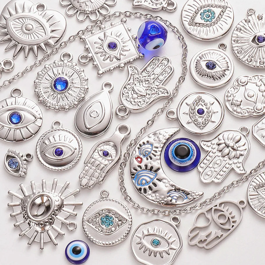 6 Stück böser Blick Anhänger, dunkelblaue Herz- und Mondaugen-Anhänger, Strass-Edelstahl-Anhänger für die Schmuckherstellung, Halskette, Schlüsselanhänger – Detail 2