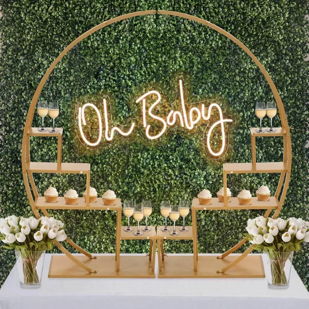 

Efavormart 4.5ft Gold Metal 4-Tier Half Moon Plant Shelf Rack With Hanging Hooks, Cupcake Dessert Display Stand