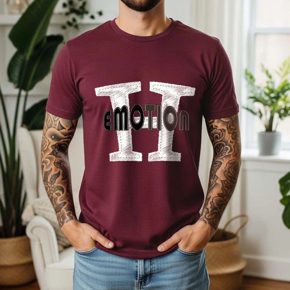 Mens 100% Cotton T Shirt Emotion Large Letter Stitch Outline Varsity Print Breathable Short Sleeve Casual Daily Tee