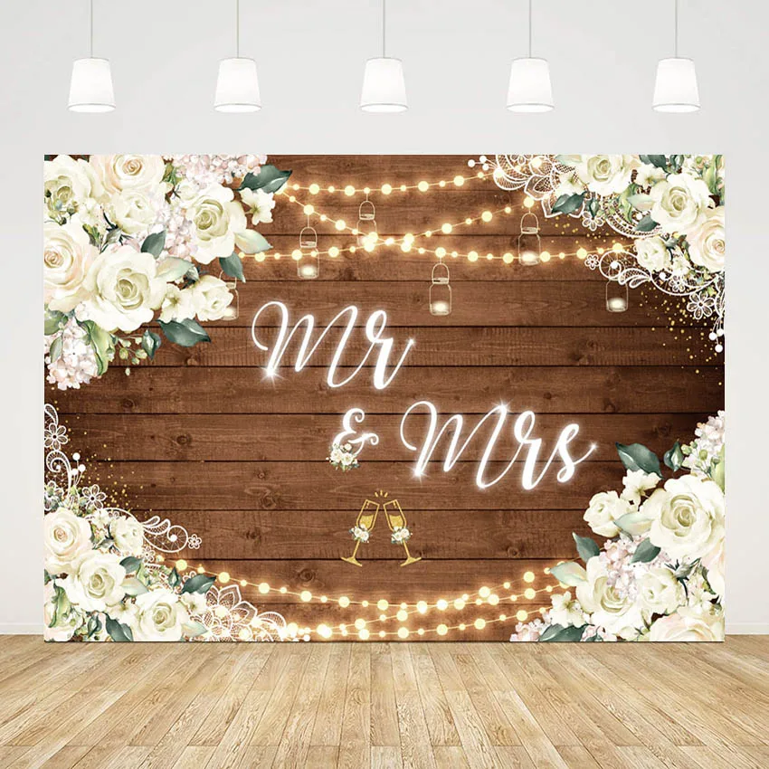 

Custom Wedding Wood Backdrop Mr. & Mrs. White Rose Flower Pure Love Decor Photography Background Marry Me Photozone Studio Prop