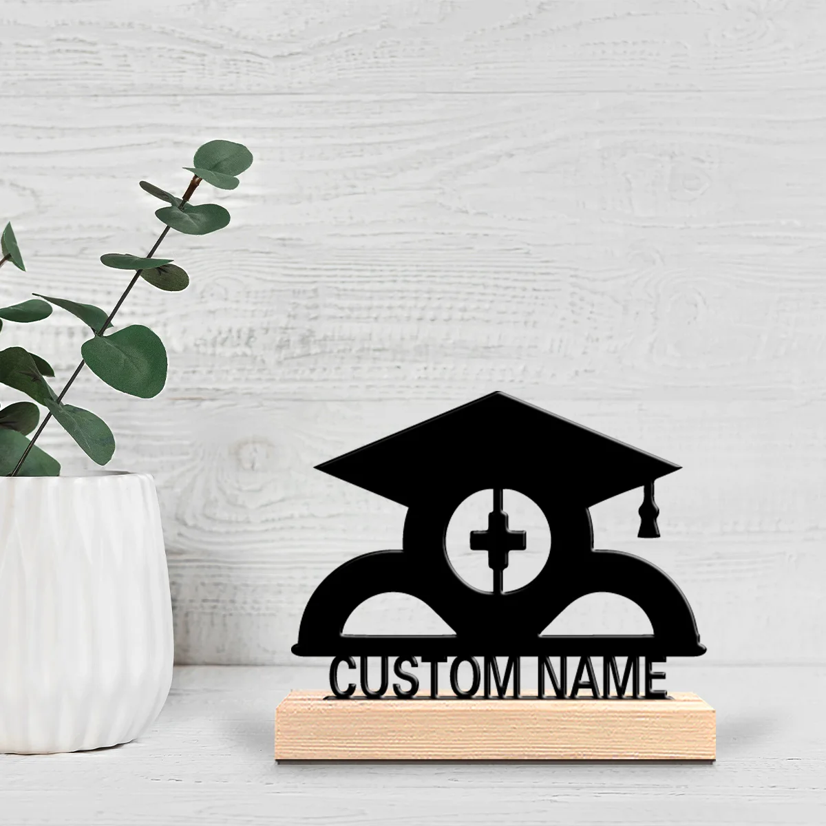 1pc graduation cap Customizable Name Tin Statue Metal Ornament Handicraft With Wood Base With Wood Base For Home Desk Decor