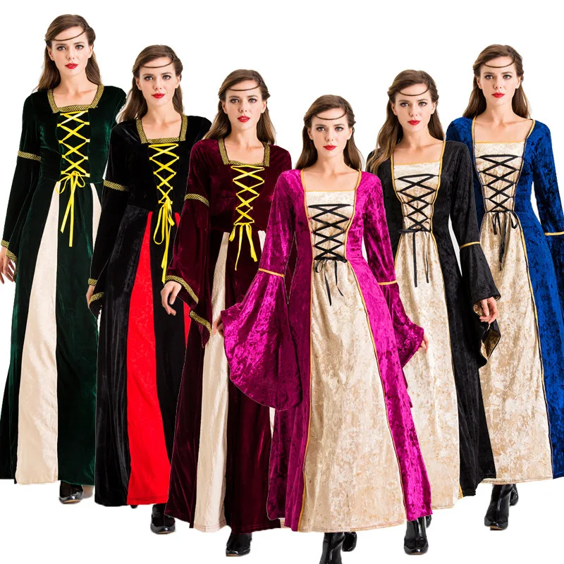 

Women Vintage Palace Victoria Gothic Luxury Queen Square Collar Skirt European Medieval Retro Princess Dress Cosplay Costume