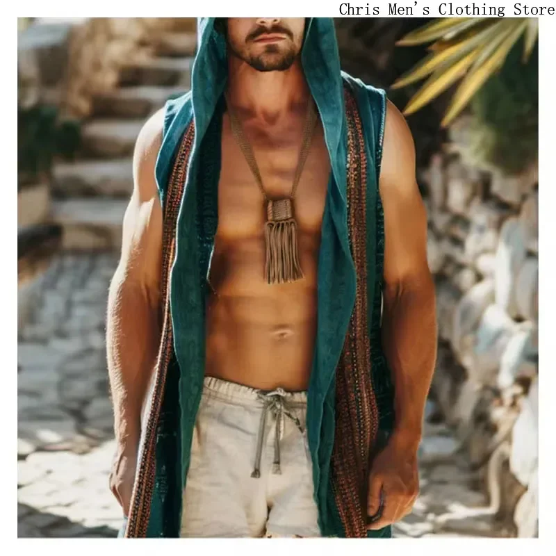 Vintage Ethnic Style Hooded Male Sleeveless Shirt Cardigan Beach Holiday Hooded Sleeveless Men\'s Cardigan Hooded Sleeveless Vest