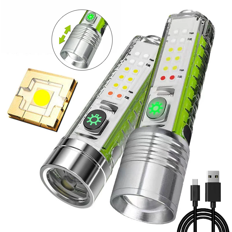 Super Bright LED Fluorescence Flashlight Type-C Rechargeable Waterproof Zoom Torch Outdoor Multifunction Portable Camping Lanter