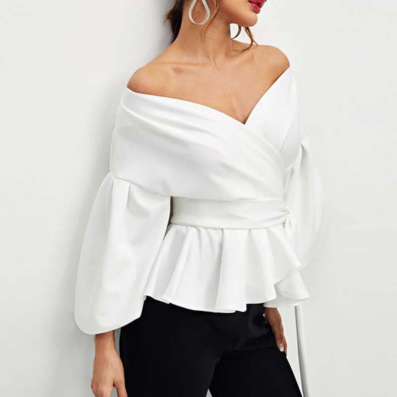 Fashion Elegant White Blouses Shirt Women\'s Sexy Off Shoulder V Neck Party Clothes For Women Lantern Sleeves Lace Up Slim Tops