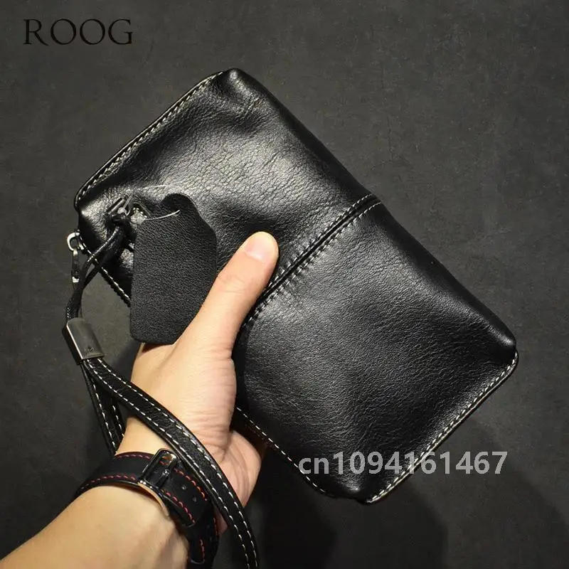 ROOG Men's Genuine Leather Clutch High Quality Long Wallet Women's Luxury Mobile Phone Bag Credit Card Holder Purse Wrist Bags