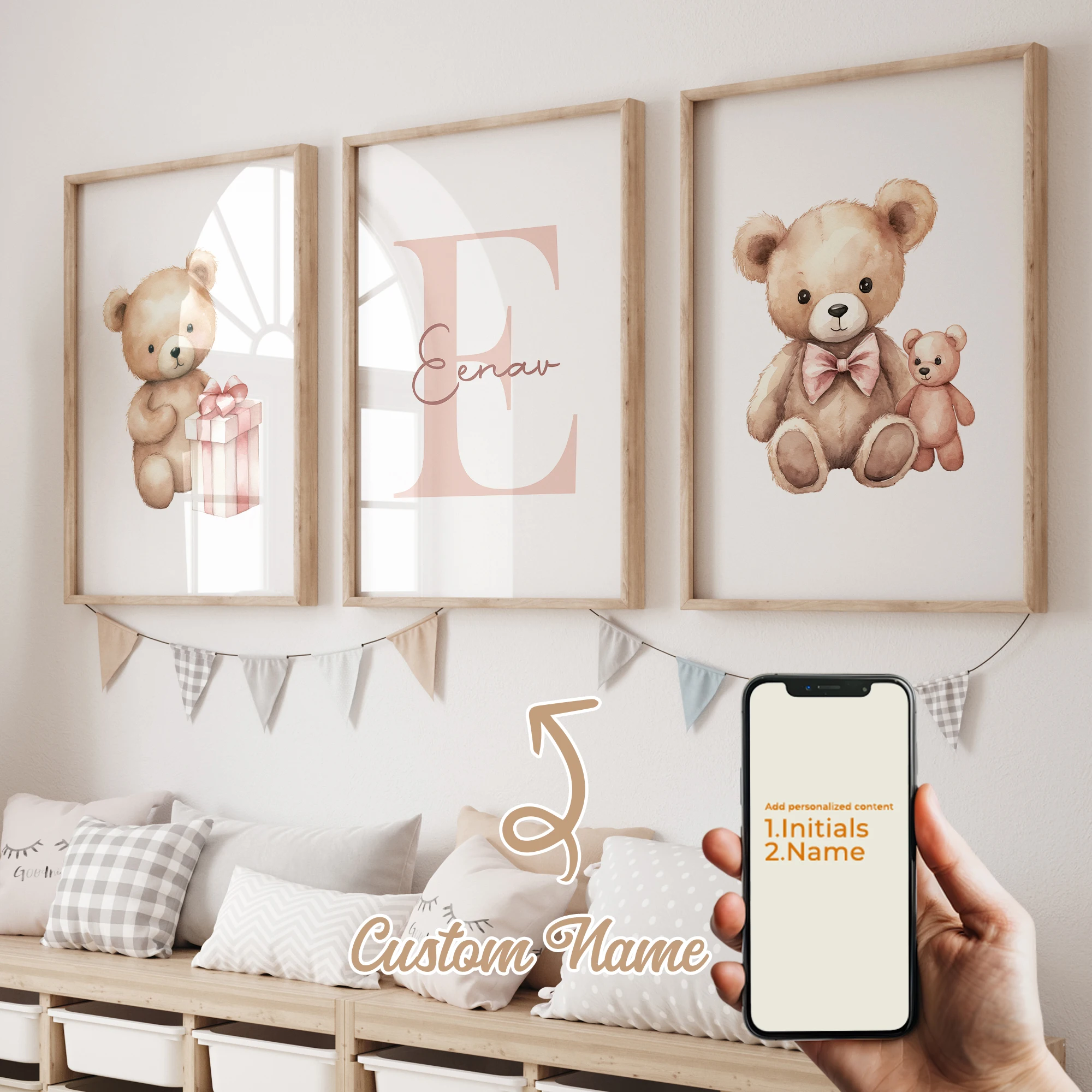 

3pcs Bear Heart-warming Gift Name Customization Wall Art Prints Canvas Painting Poster Picture For Living Bed Room Home Decor