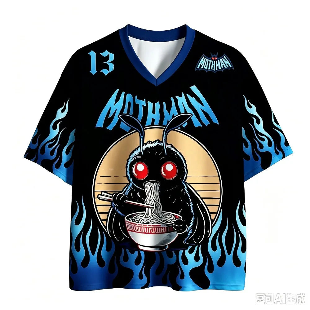 American Flame Moth Man3DPrint Schnelltrocknendes, atmungsaktives Sport-T-Shirt für Männer und Frauen, V-Ausschnitt, lockeres T-Shirt, modische Streetwear, Y2K-Elternkleidung – Detail 4