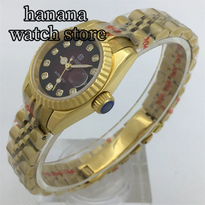 Bliger นาฬิกาทอง26มม. หรูหรานาฬิกาผู้หญิงญี่ปุ่น NH05หน้าปัดเพชรส่องสว่างด้วยมือกระจกแซฟไฟร์