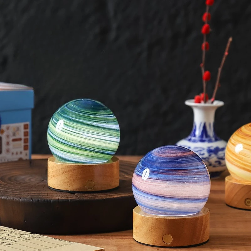 Creative Glass Ball Planet LED Floor Lamps Starry Sky Galaxy Romantic Ornaments Bedroom Bedside Study Wooden Base Night Lights