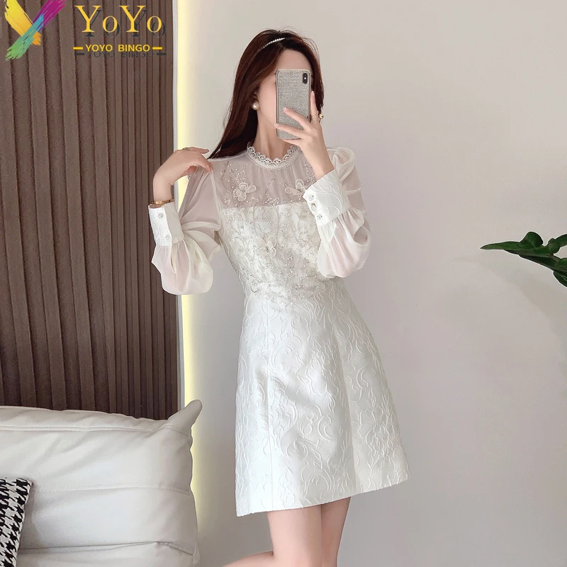 Women Elegant Beading Crystal Jacquard Long Sleeve White Slim Prom Formal Party Dress Autumn Winter 2023