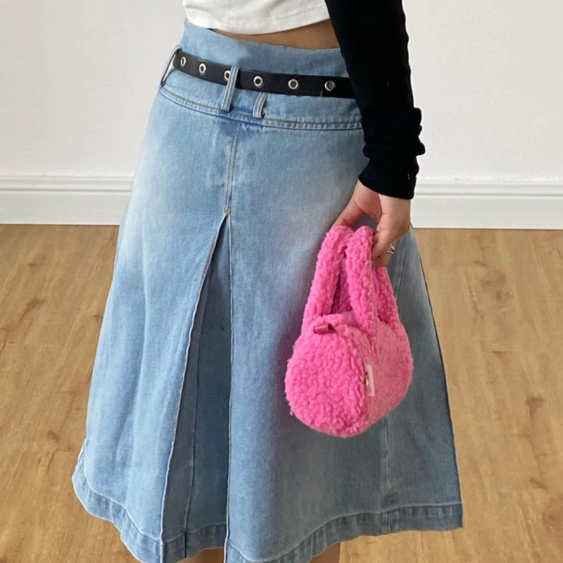 American Vintage Women\'s Denim Mid-lenth Skirts Summer New Y2K Gothic High Waist A-line Pleated Skirt Harajuku Girls Streetwear