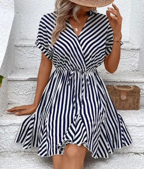 

2025 Summer New Dress Collar Striped Shirt Short Skirt