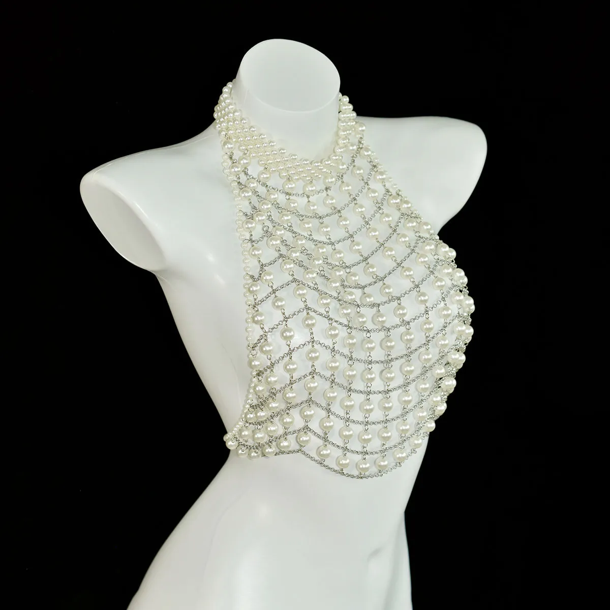 Sexy Beach Lady Body Chain Classic Simple Hollow Pearl Neck Hanging Beaded Stage Performance Dinner Jacket Bra Chain