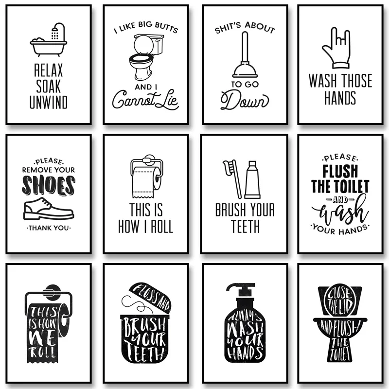 1PC frameless decorative art print,Funny Bathroom Rules Signs Poster Toilet Humor Print Canvas Painting Wall Art Picture for Bat