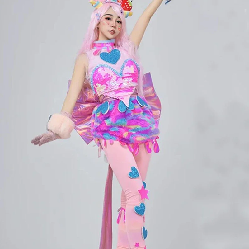 Trajes de baile Gogo bonitos para mujer, traje de fiesta rosa para Festival, ropa de Cosplay Rave, ropa para discoteca, ropa para el escenario XS6931