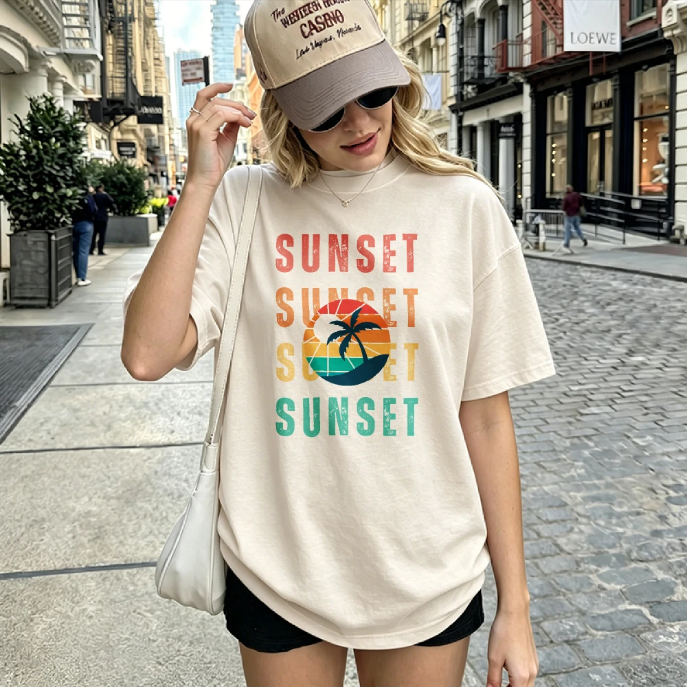 Retro Tropical Sweatshirt Beige Crew Neck Cotton T-Short Sleeve Palm Tree Silhouette Gradient Circle Repeating Sunset Text Tee