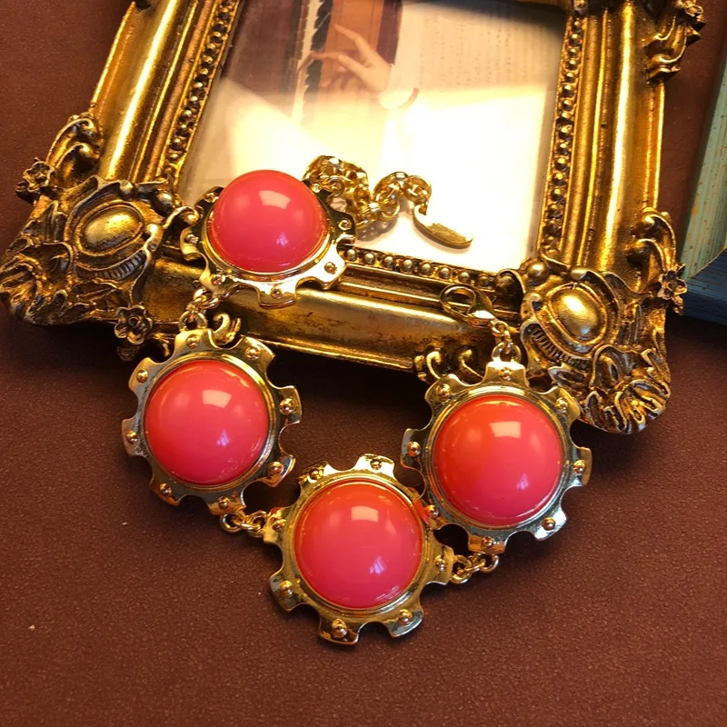 jewelry  circular gear design necklace bracelet stud earrings pink gradient color metal ear clip