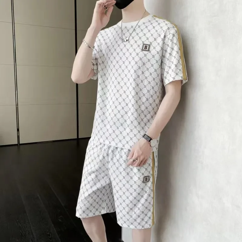 Men 2PCS Golf Sets Tracksuit Summer Short Sleeve T-Shirt + Jogger Pants Casual Striped Side Sportswear Streetwear Golf Clothing