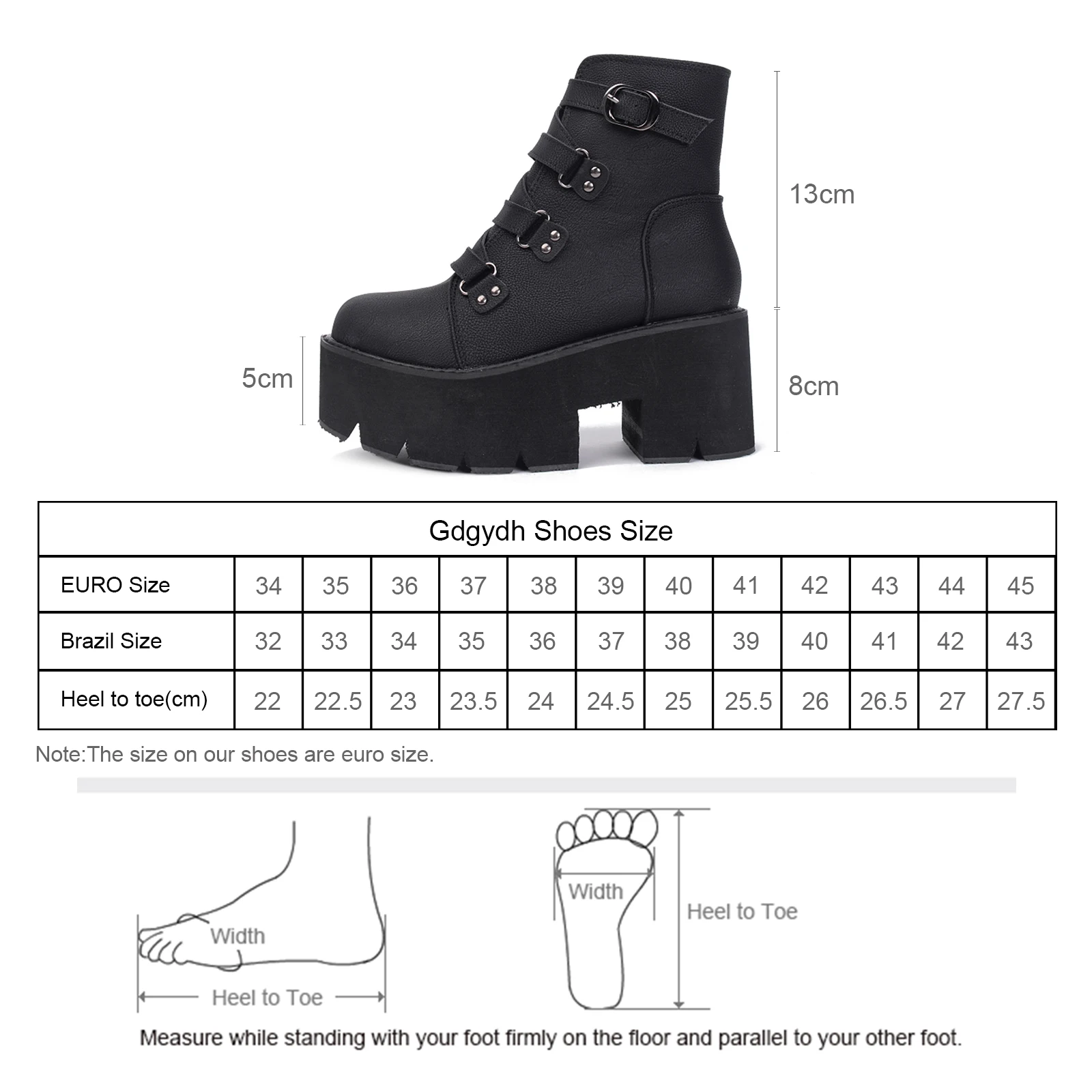 Gdgydh Women\'s Black Platform Boots Comfy Round Toe Buckle Strap Solid Color Chunky Heels Mid Calf Boots Gothic Style