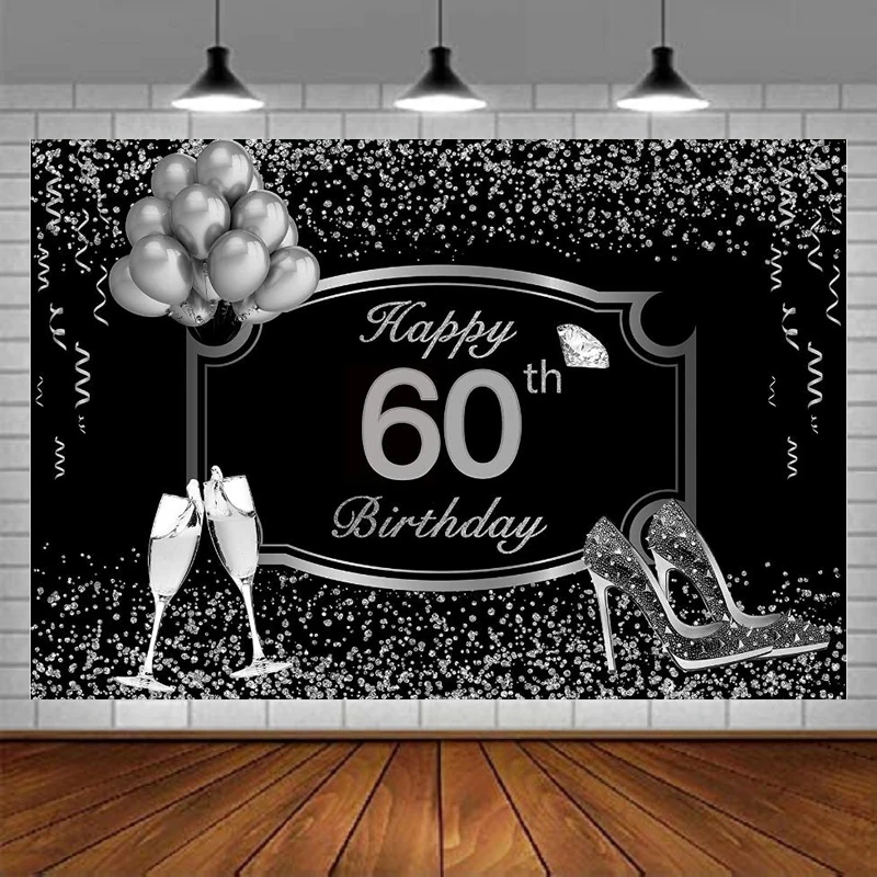 Silver 60th Birthday Photography Backdrop Silver Glitter Shiny High Heels Champagne Background Sixty Years Old Age Party Decor