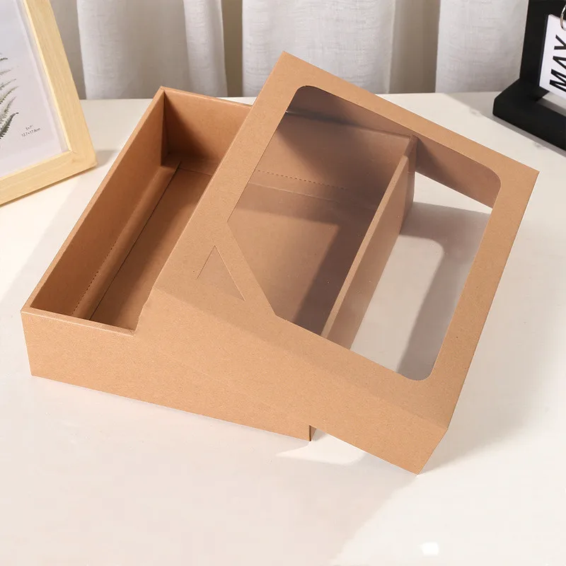 20Pcs/Lot Large Simple Kraft Paper Box With Window Heaven And Earth Cover Packaging Box Towel And Bath Towel Storage Box