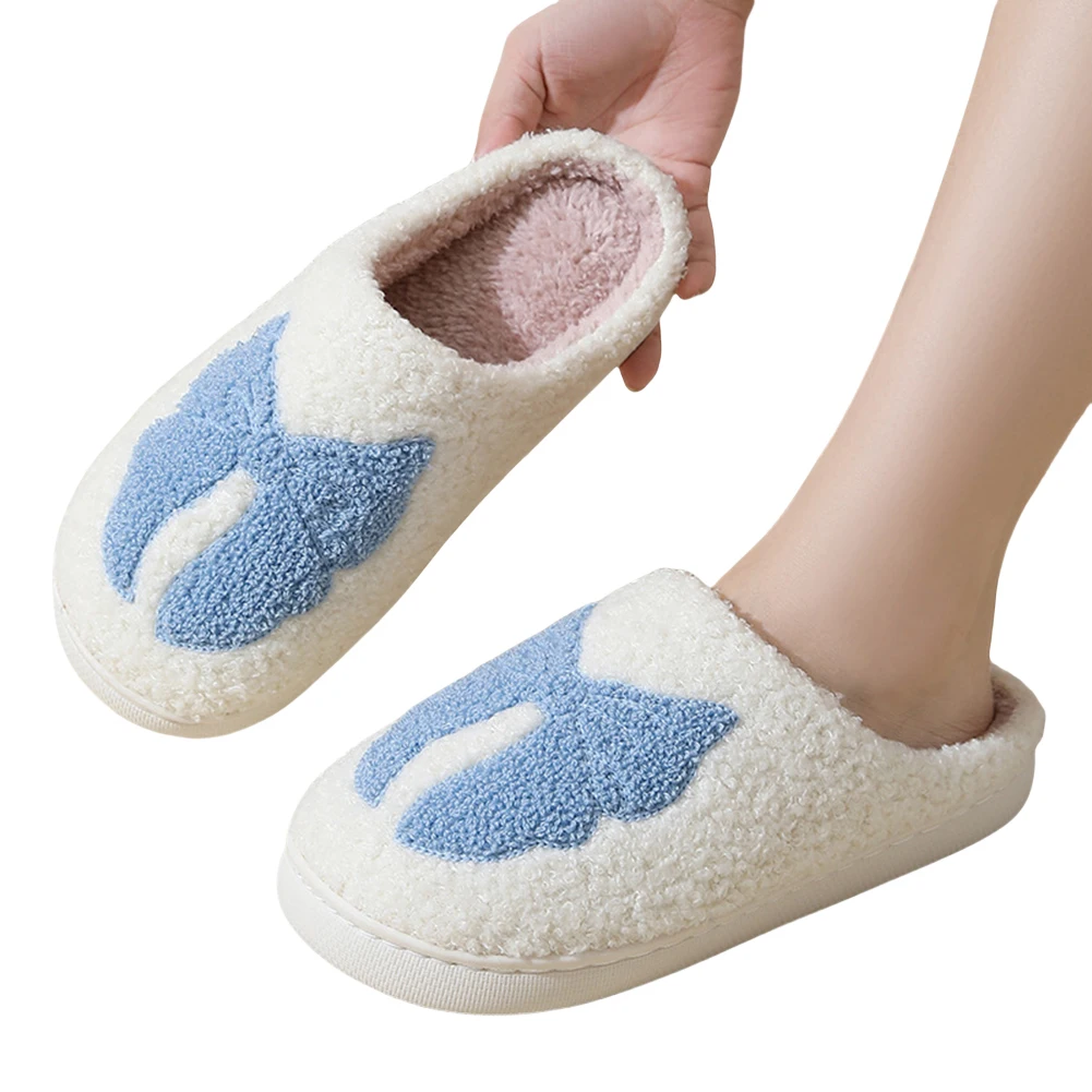 

Cute Bow Fluffy Warm Fleece Slippers Winter Soft Cozy Home Non-Slip Soft Plush Slip-on House Shoes Fuzzy Slippers for Women
