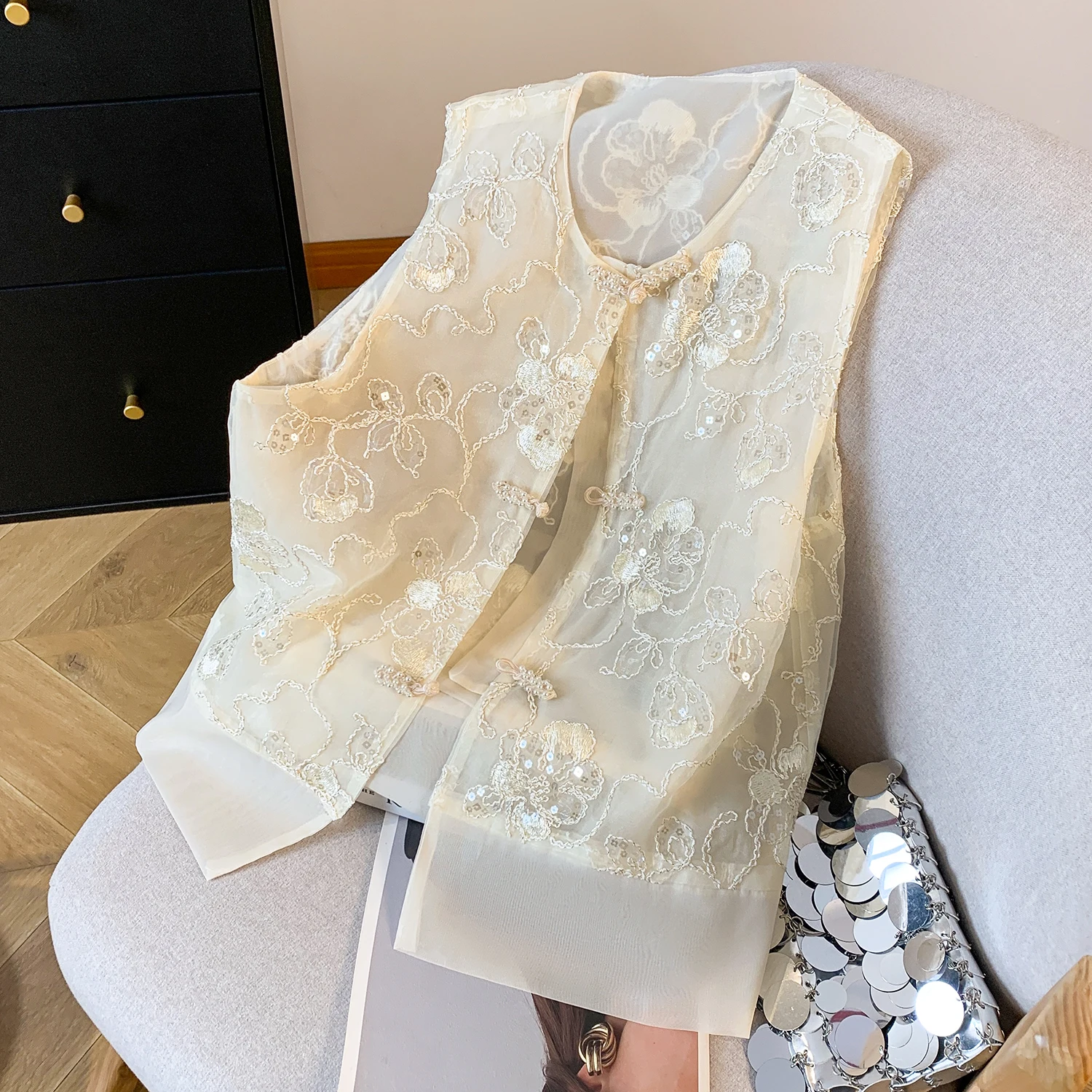 New Chinese Style National Trend Net Embroidery Bead Plate Button Ethnic Style Women's Open Cardigan Outerwear Regular Length...