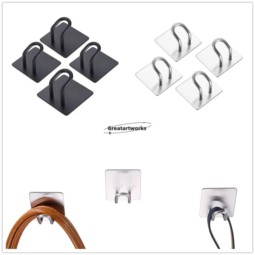 4pcs Stainless Steel Hooks Self-adhesive Minimalist Diagonal Hanger Square Punch-free Hanging Hat Coat Bag Keys Kitchen Bathroom