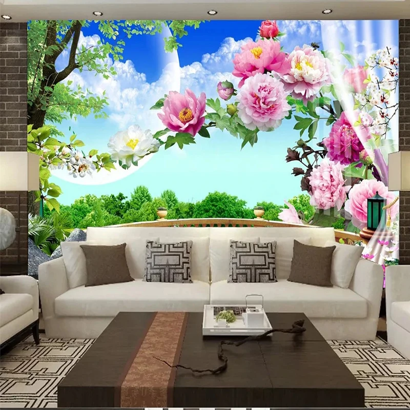 

Custom Mural Wallpaper European Garden Balcony Grass Rose Scenery Wall Painting Wedding House Living Room Home Decor 3D Fresco