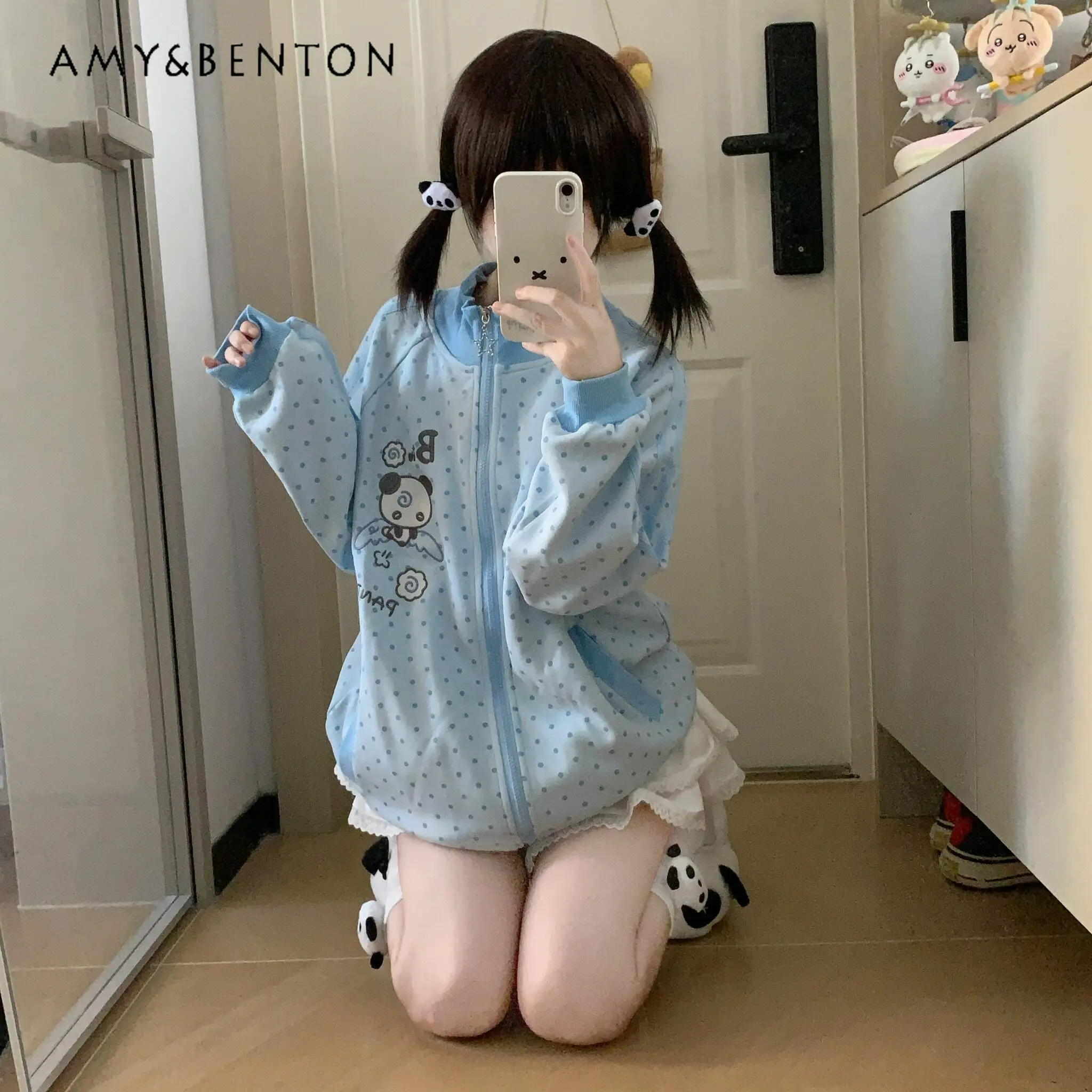

2026 Spring Autumn Kawaii Cute Panda Embroidery Blue Polka Dot Zip Up Baseball Jacket Women Sweet Casual Streetwear