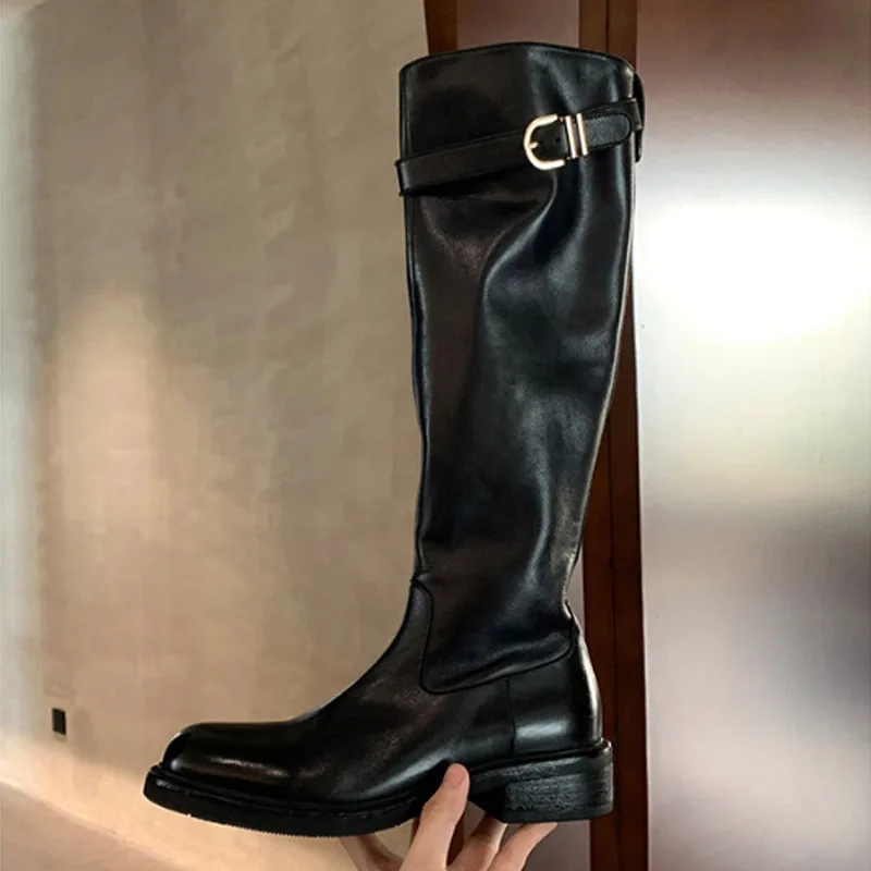 Eilyken New Design Belt Buckle Knee-High Boots Woman Zipper Low Heels Shoes Autumn Winter Round Toe Botas Para Mujer