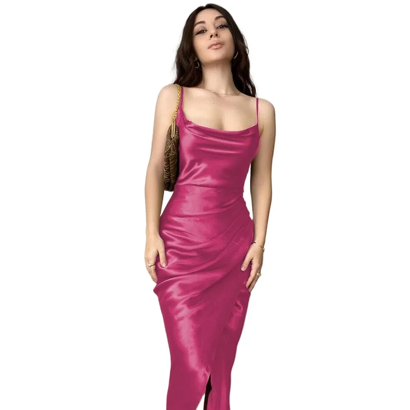 2024 European and American Spice style sexy low-cut satin slit halter dress new slimming halter dress