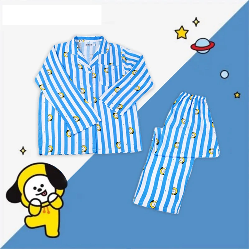 2Pcs Set Bt21 Pajamas Kawaii Cartoon Long Sleeves Long Pants Casual Wear Summer Loose Sleepwear Home Wear Girl Birthday Gift