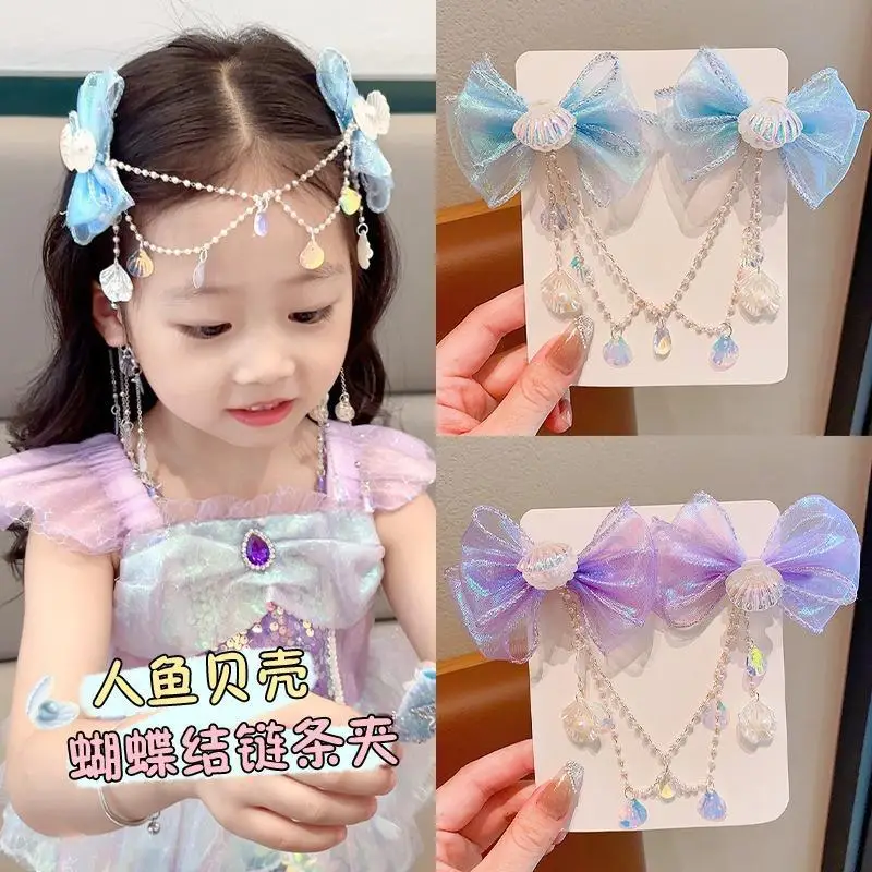 

Mermaid Hair Jewelry for Babies Pearl Tassel Headband Bow Forehead Chain Princess Photo Prop Clip